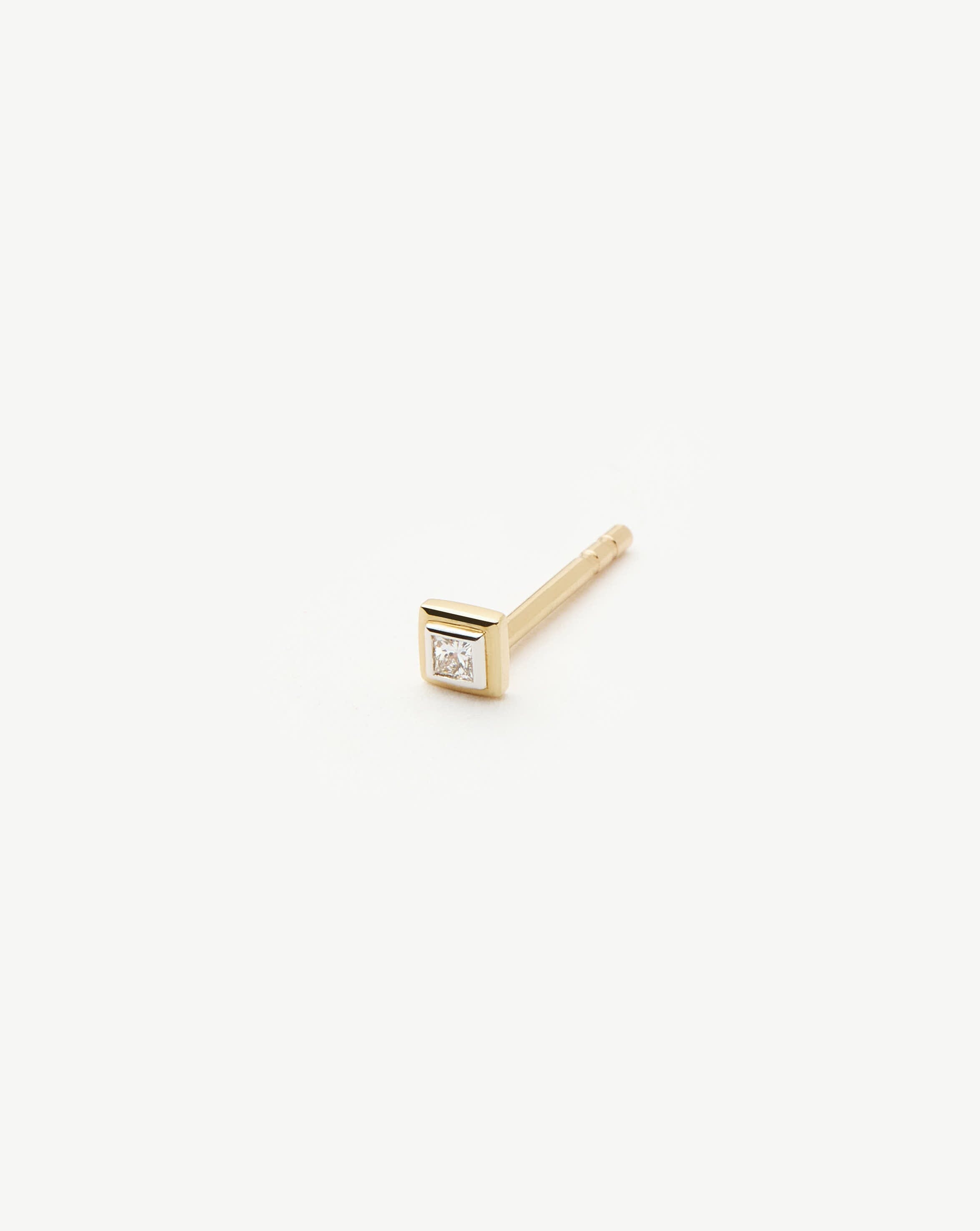 Fine Square Solitaire Single Stud Earring | 14ct Solid Gold/Diamond