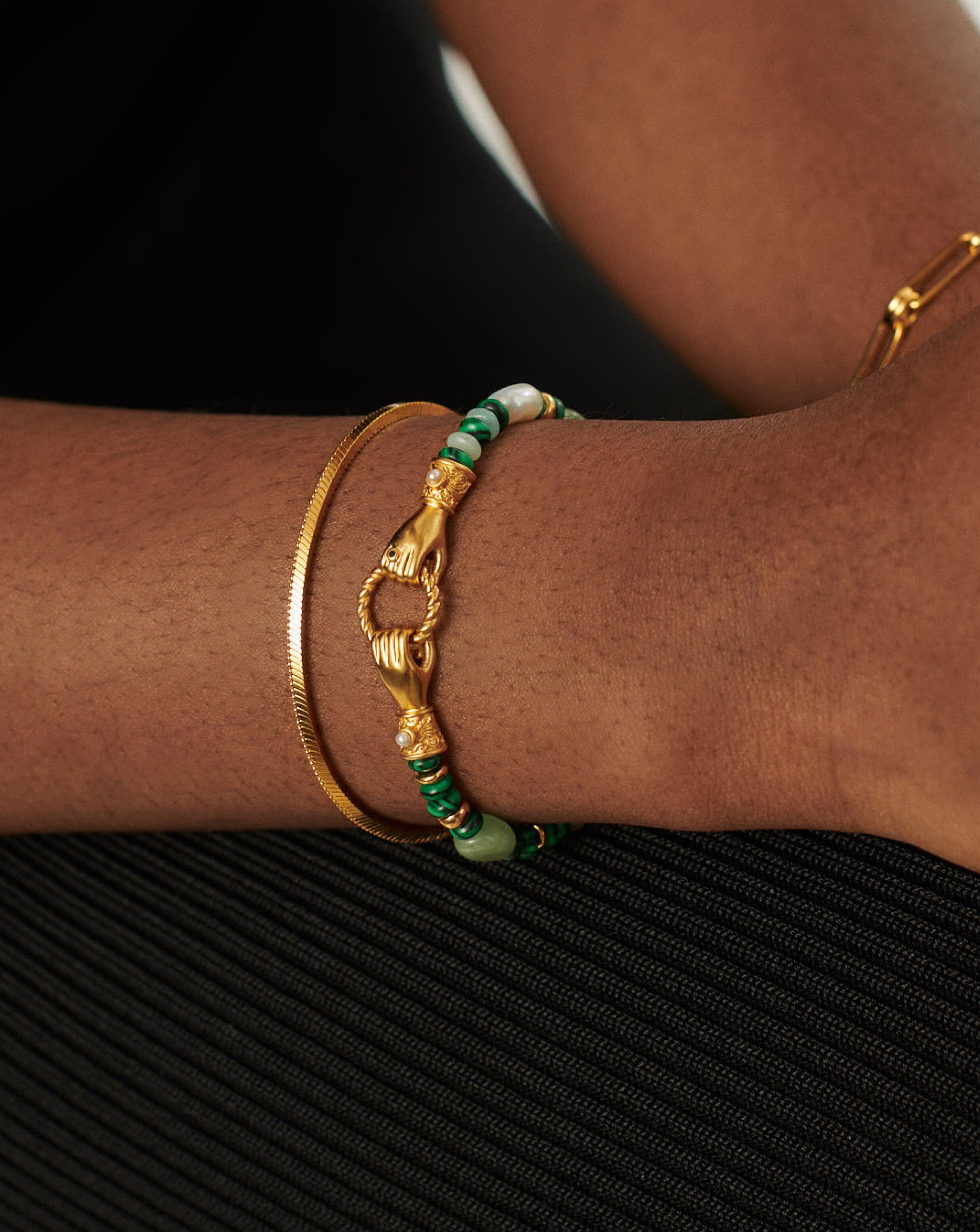 Harris Reed In Good Hands Beaded Gemstone Bracelet | 18ct Gold Plated/Multi Green Gemstone & Pearl