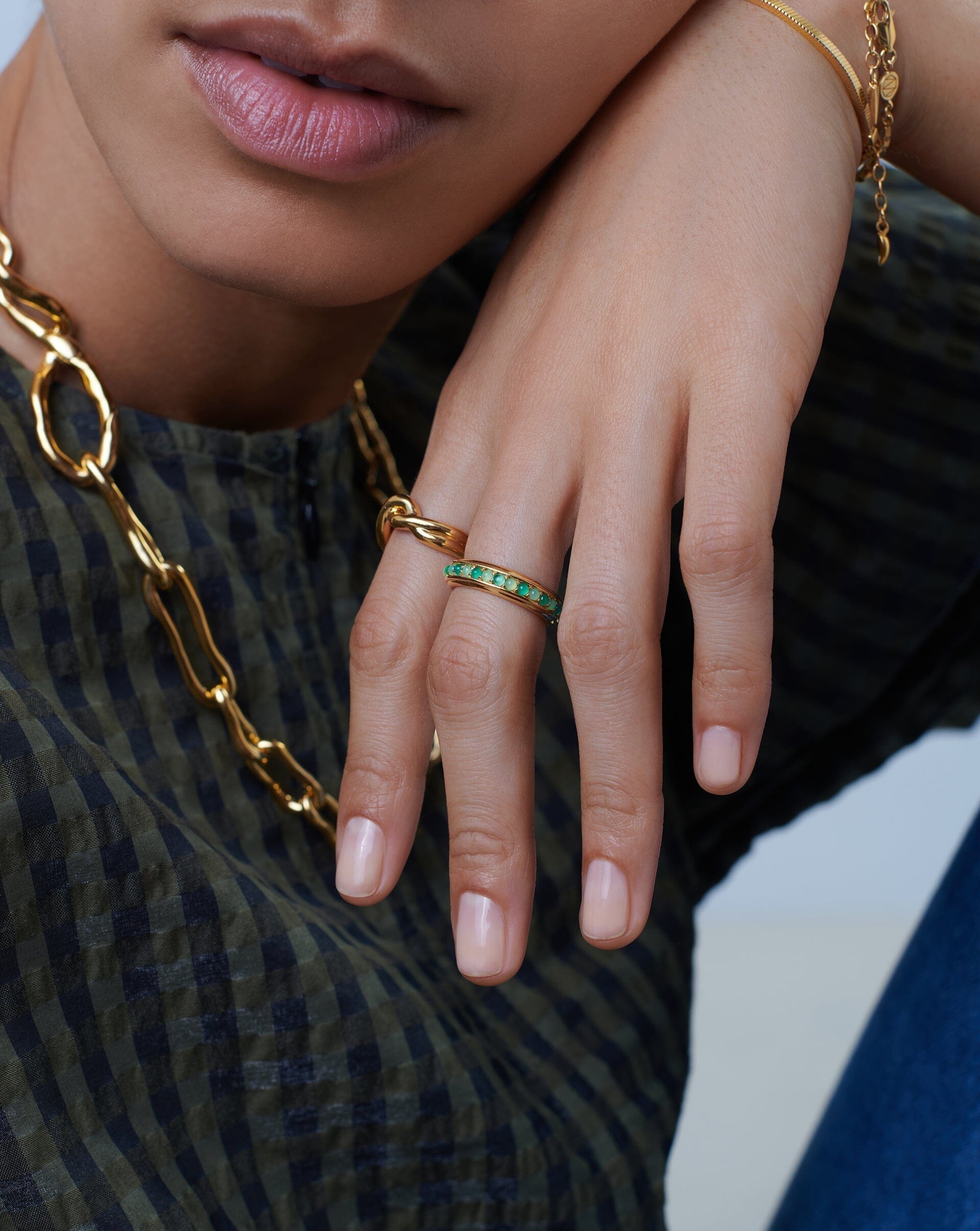 Hot Rox Gemstone Stacking Ring | 18ct Gold Vermeil/Green Onyx & Chalcedony
