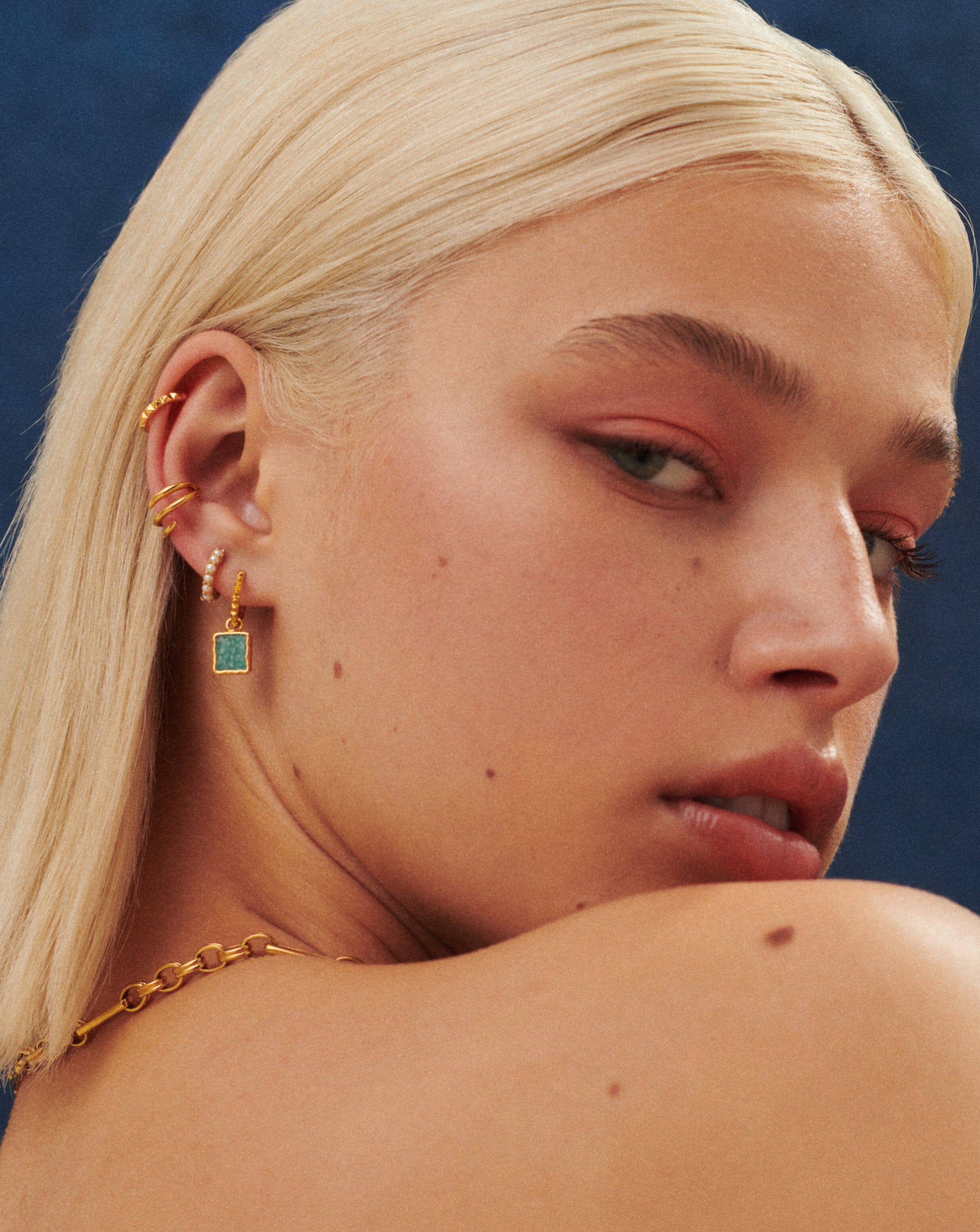 Mini Pyramid Charm Hoop Earrings | 18ct Gold Vermeil/Amazonite