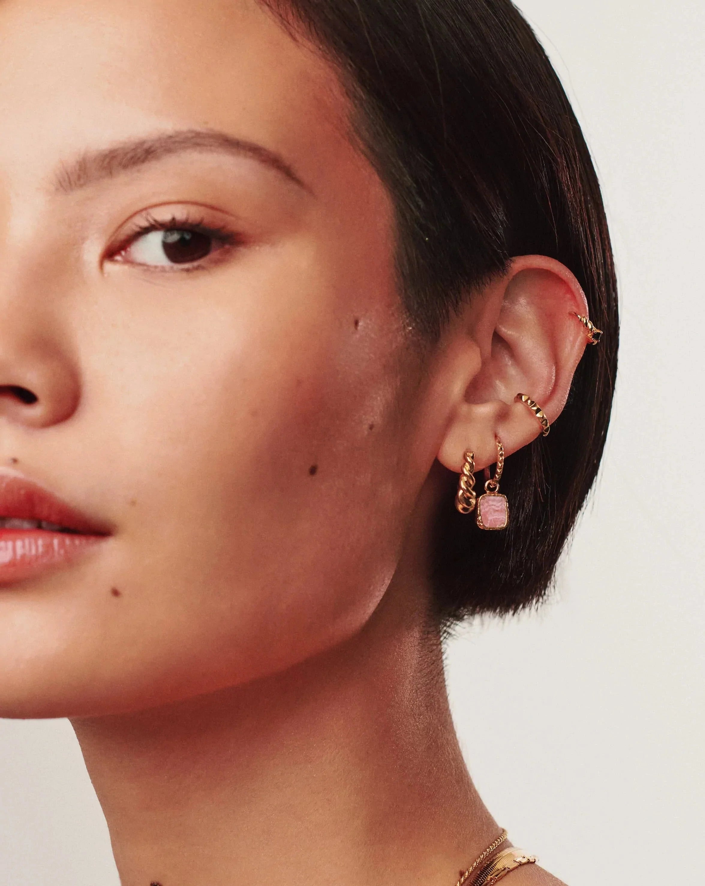Mini Pyramid Charm Hoop Earrings | 18ct Gold Vermeil/Rhodochrosite