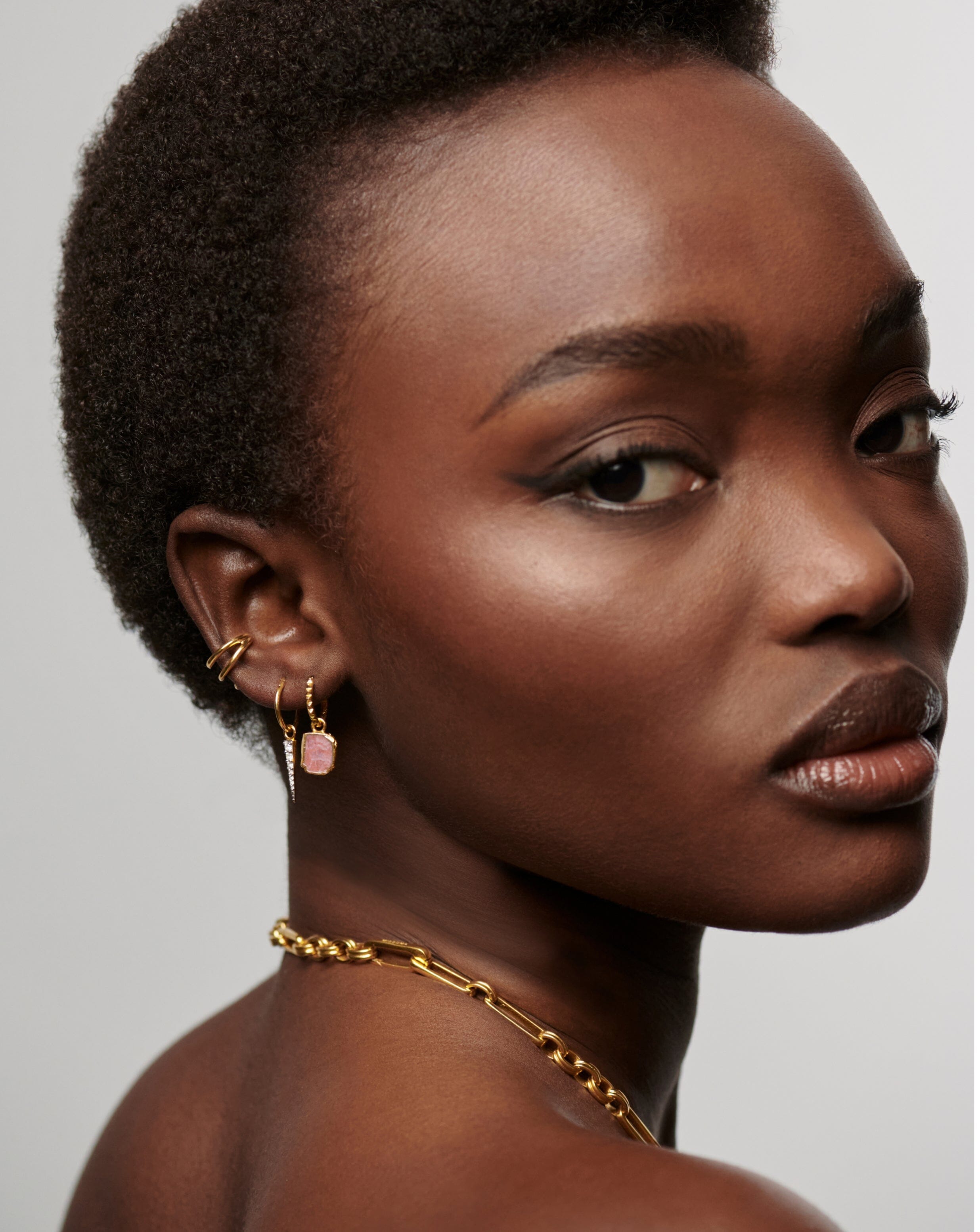 Mini Pyramid Charm Hoop Earrings | 18ct Gold Vermeil/Rhodochrosite