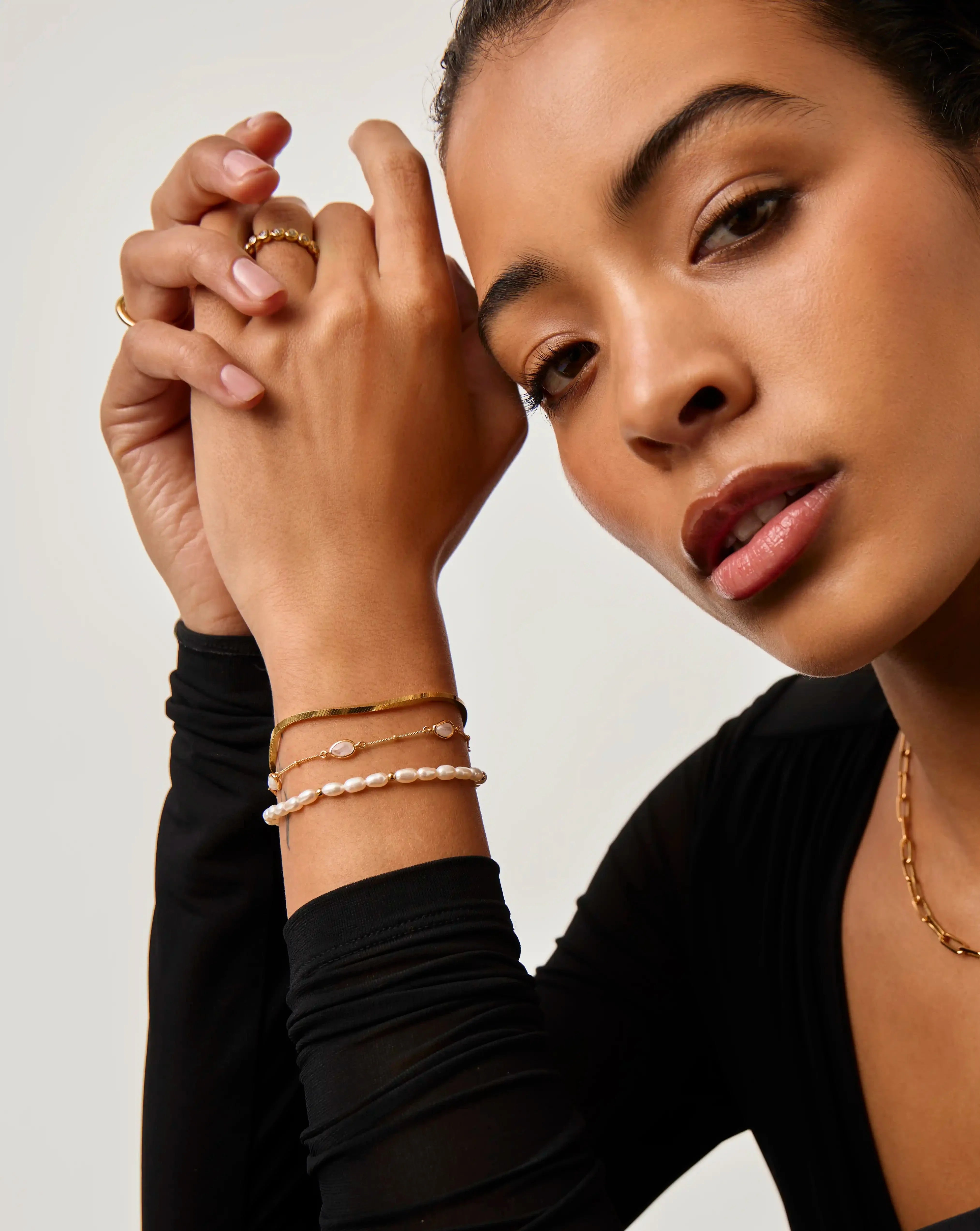 Pearl & Snake Chain Triple Bracelet Set | 18ct Gold Plated
