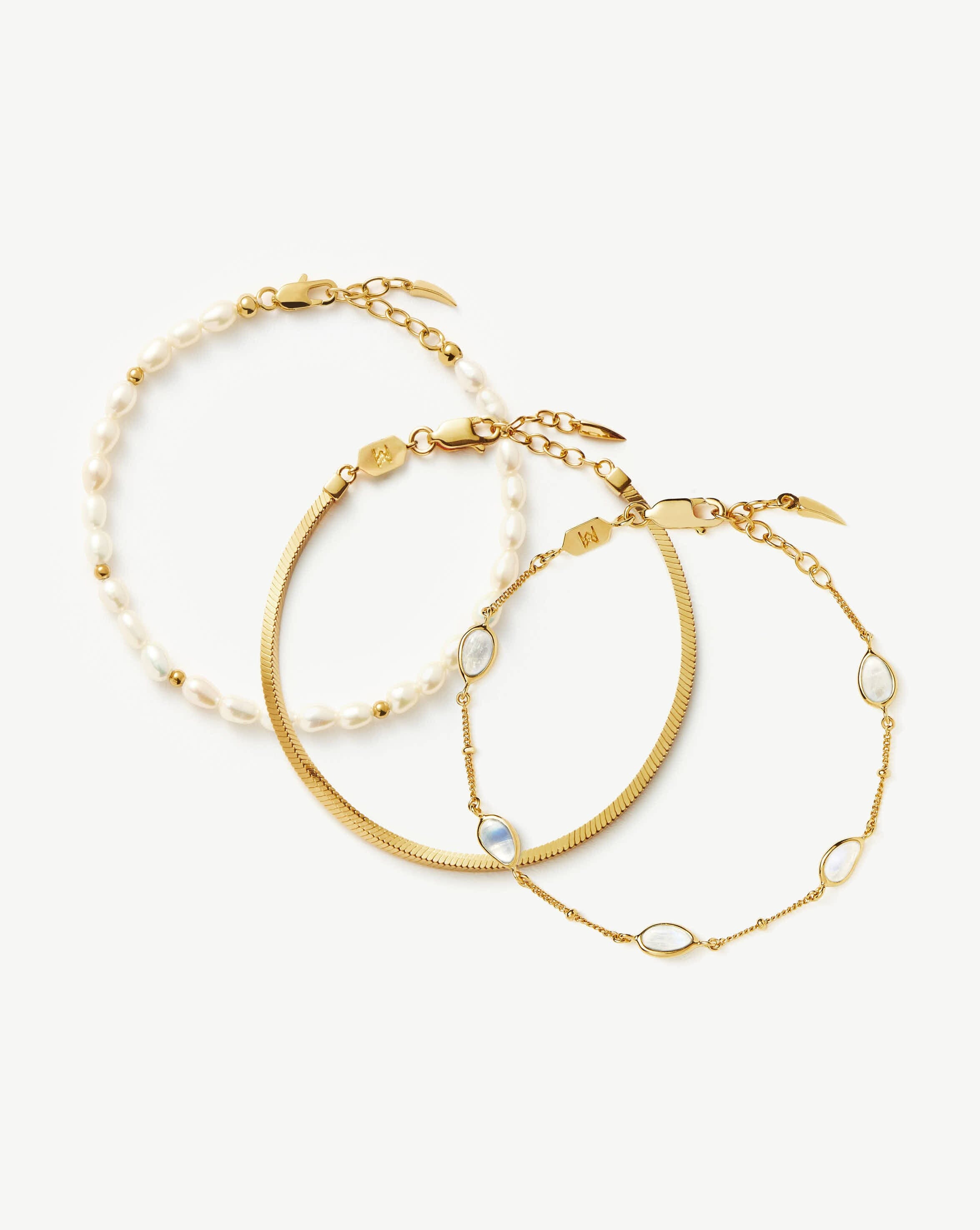 Pearl & Snake Chain Triple Bracelet Set | 18ct Gold Plated